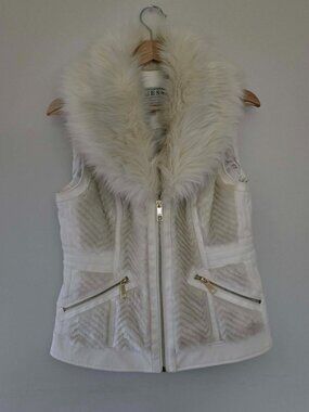 Guess LA Fur Collar Moto Vest | White Leather | Gold Zippers | Size M